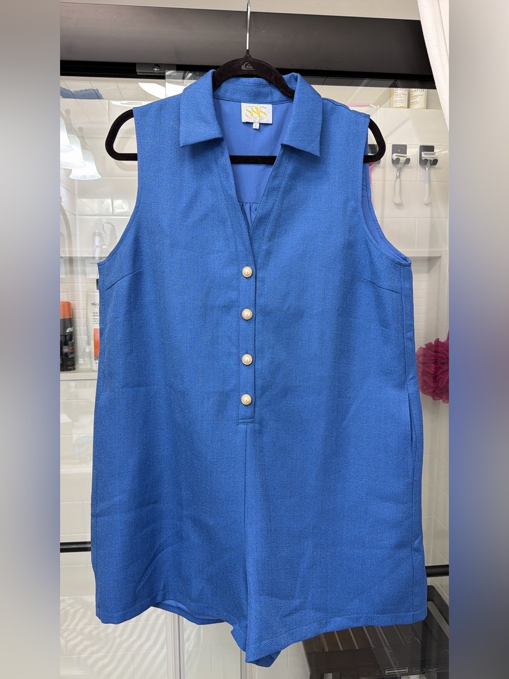 SSYS Blue Sleeveless Shift Romper with Gold and Pearl Buttons